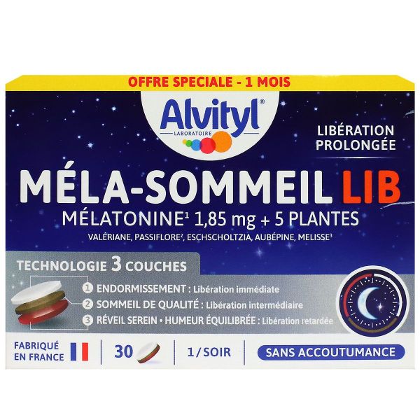 Mela-sommeil Lib mélatonine 1,85mg + 5 plantes 30 comprimés