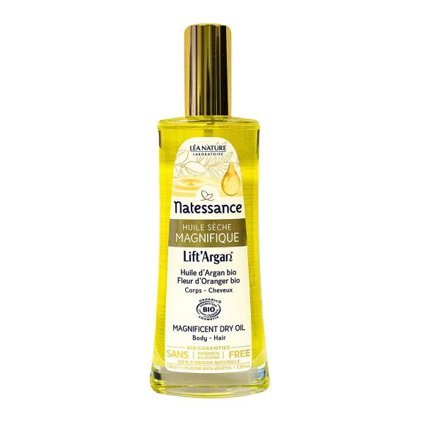 Huile sèche magnifique 100ml hydrate, revitalise et magnifie le corps et les cheveux. Natessance