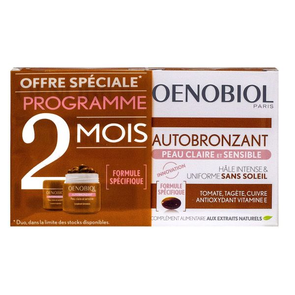 Autobronzant Peau Claire 2 X 30 Gélules Apporte Un Hâle Intense Oenobiol