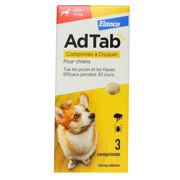 AdTab 225mg traitement puces et tiques chien 5,5 à 11kg 3 comprimés