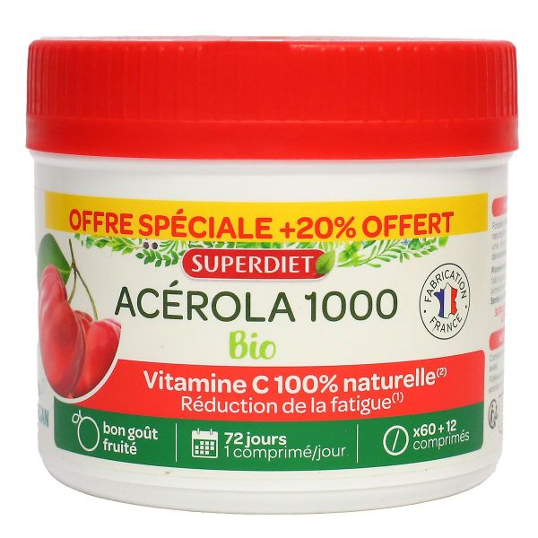 Acérola 1000 concentré bio vitamine C naturelle 72 comprimés