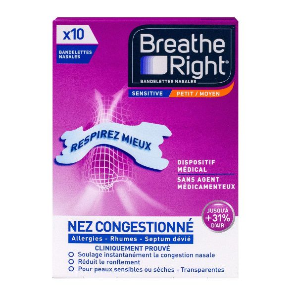 Breathe Right 10 bandelettes nasales Sensitive petit moyen