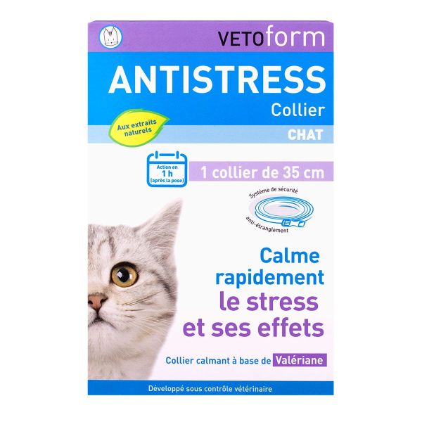 vetoform antistress chat est un collier à base de valériane qui calme le stress et ses effets
