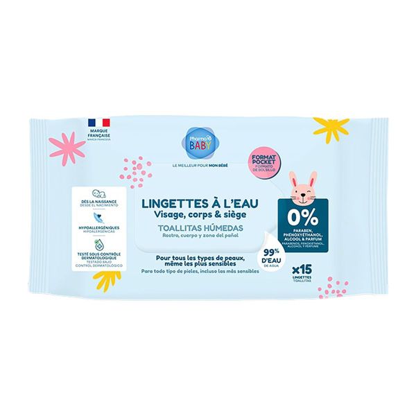 15 lingettes à l'eau bébé format Pocket